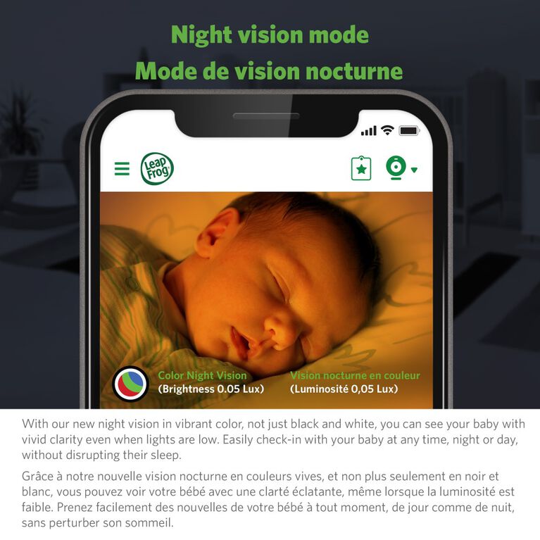 LeapFrog LF1911 Moniteur de bébé Wi-Fi 1080p caméra à accès à distance, panoramique et inclinaison à 360 degrés, veilleuse, vision nocturne couleur, (blanc)