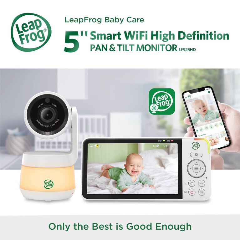 LeapFrog Moniteur de bébé Wi-Fi 1080p panoramique à 360 degrés et inclinaison à 2 camér affichage haute définition 720p de 5 po, veilleuse, vision nocturne couleur, LF925-2HD (blanc)   