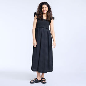 Motherhood Robe Midi Smockée À Manches À Volants-Noire-M