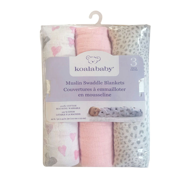 Koala Baby - 3 Pk Muslin Swaddle - Pink Hearts