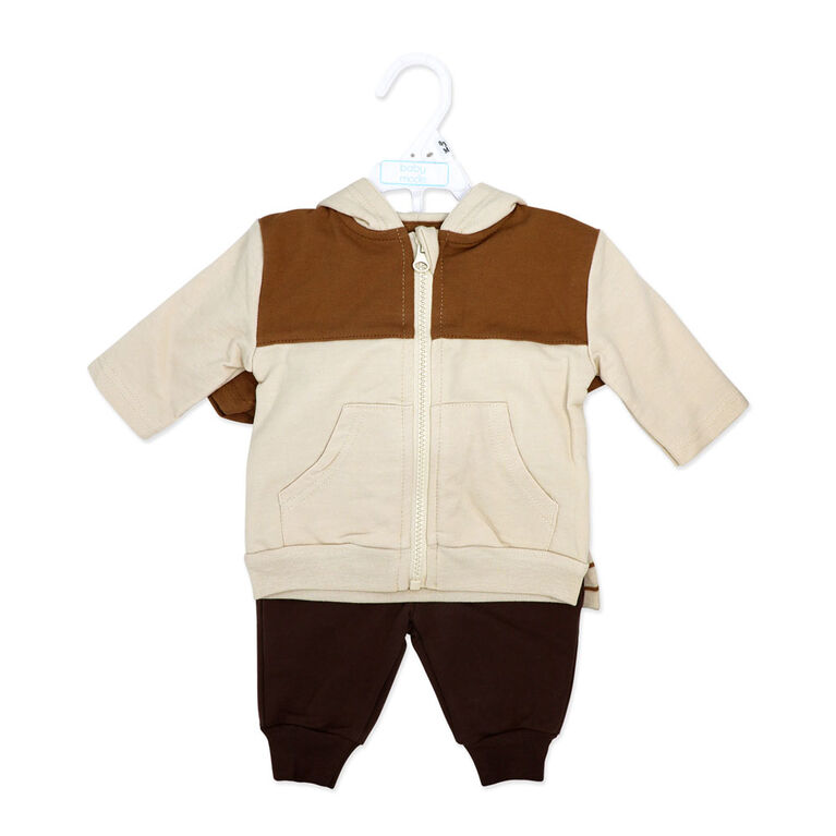 Baby Mode Ensemble de jogging 3 pi&egrave;ces en molleton : rayures marron, 12 mois