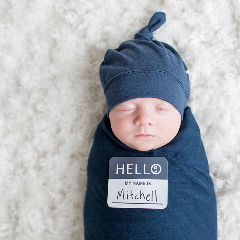 Lulujo Baby Hello World Newborn Bamboo Hat and Swaddle Blanket Set Navy