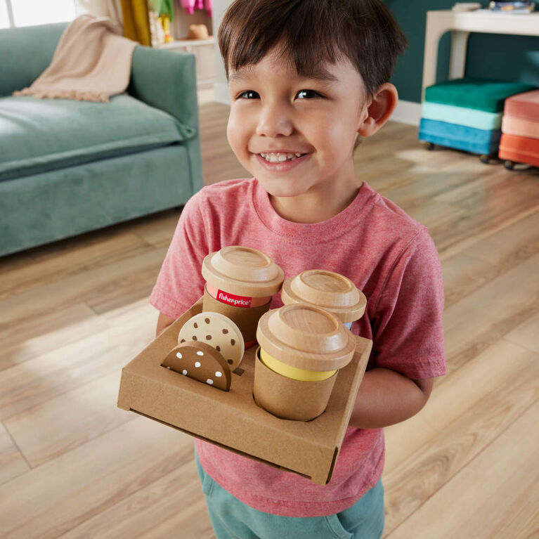 Coffret de jeu en bois Café pour emporter Fisher-Price, coffret de jeu préscolaire, 15 éléments en bois