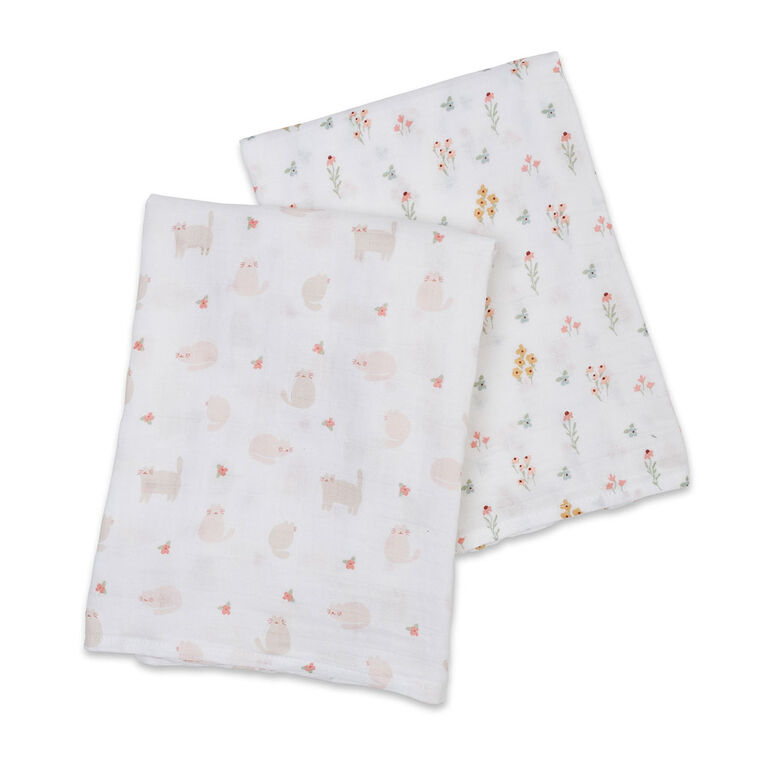 Lulujo - 2 Pack Cotton Muslin Swaddles - Kitty+Flower