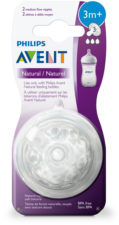 Philips Avent Natural Baby Bottle Nipple, Medium Flow Nipple 3M+ - 2-Pack