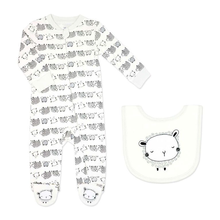 Baby Mode 2 Piece Sleeper with Bib Set: Grey Sheep 6-9M