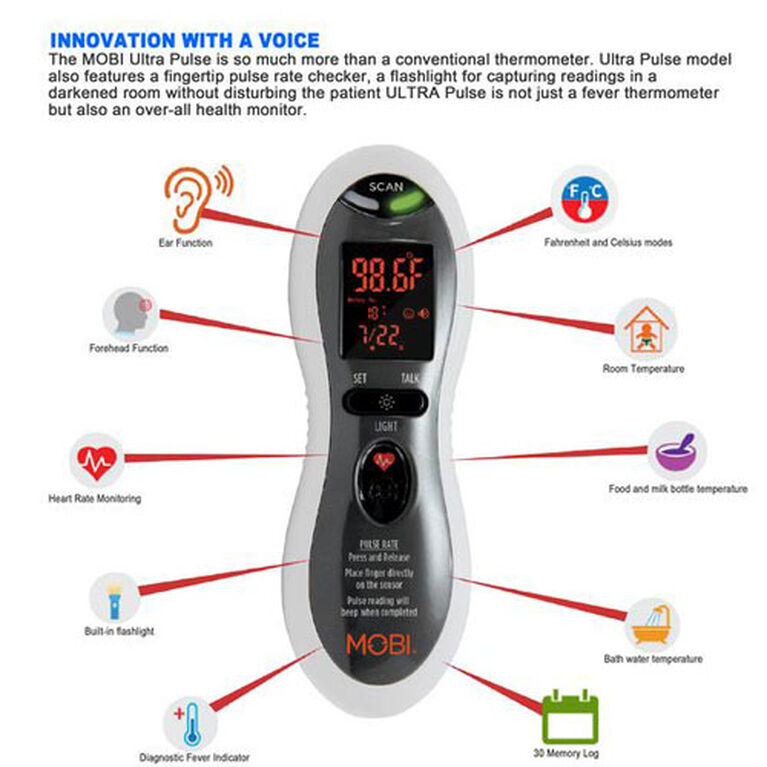 MOBI Ultra Pulse Talking Ear, Forehead, & Pulse Rate Thermometer - English Edition