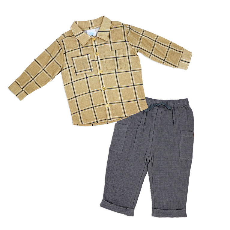 Baby Mode  2 Piece Gauze Pant Set: Beige Plaid 12M