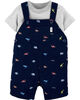 Carter's 2-Piece Striped Tee & Dinosaur Shortall Set - Navy/Grey, 12 Months