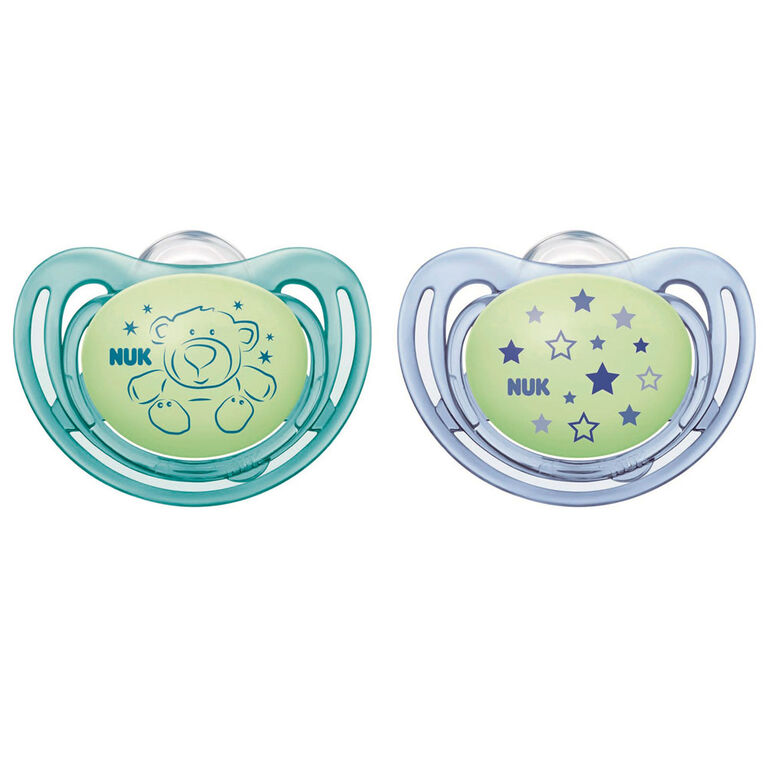 Sucettes NUK Airflow Glow-in-the-Dark, 0-6 mois, paquet de 2, couleurs variées