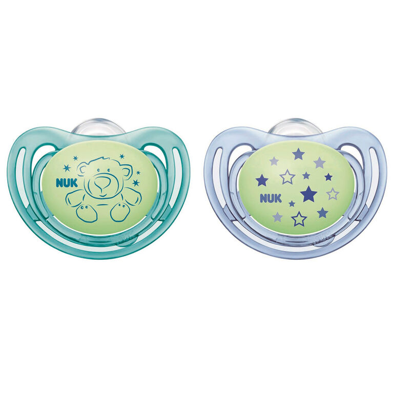 NUK Airflow Glow-in-the-Dark Pacifiers, 0-6 Months, 2 Pack, Assorted Colors