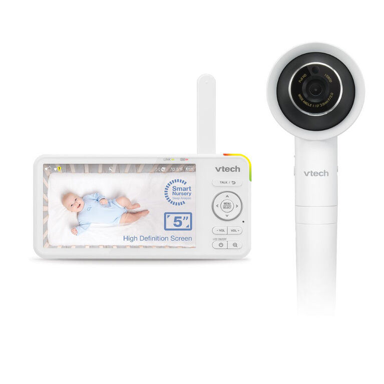 VTech VC2105 V-Care 1080p WiFi Smart Nursery Remote Access Over-the-Crib View Video Baby Monitor with 5" High Definition 720p, Artificial Intelligence, Sleep Analysis, Night Light, Rollover and Face Covering Detection, (White)
