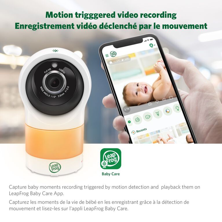 LeapFrog LF1911 Moniteur de bébé Wi-Fi 1080p caméra à accès à distance, panoramique et inclinaison à 360 degrés, veilleuse, vision nocturne couleur, (blanc)