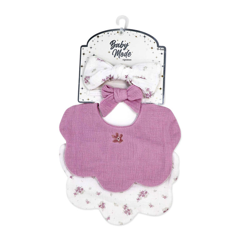 Baby Mode Signature 4 Piece Bib & Headbands: Mauve Floral