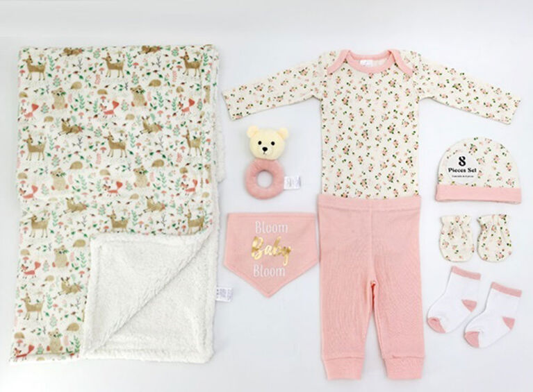 Koala Baby Pink 8 pieces set 3-6 month includes hat, mittens, socks, body suit, pants, bib, mink blaket & rattle. Made with super soft cotton and fun prints, your baby will be pampered and stylish.