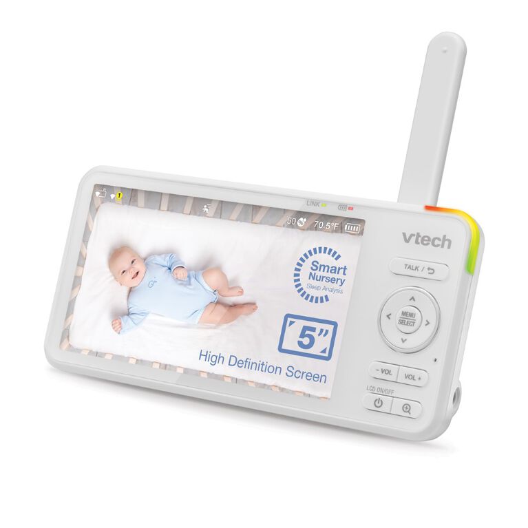 VTech VC2105 V-Care 1080p WiFi Smart Nursery Remote Access Over-the-Crib View Video Baby Monitor with 5" High Definition 720p, Artificial Intelligence, Sleep Analysis, Night Light, Rollover and Face Covering Detection, (White)