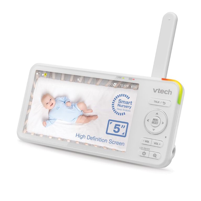 VTech V-Care VC2105 Moniteur vidéo intelligent sans fil haute définition de 5 po 1080p au-dessus de la basinette pour chambre à haute définiition de 720p, intelligence artificielle, analyse du sommeil, veilleuse et détection du recouvrement du visage, (blanc)