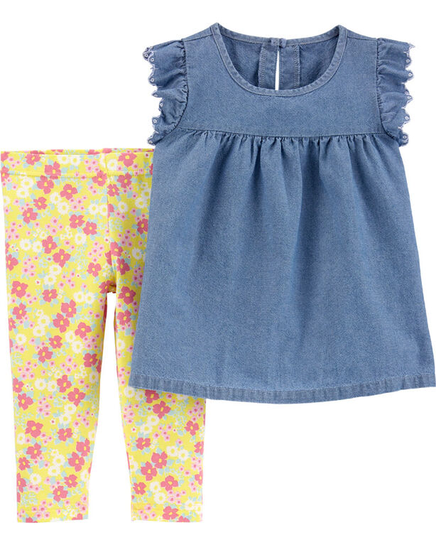Carter’s 2-Piece Chambray Top & Floral Legging Set - Blue/Yellow, 9 Months