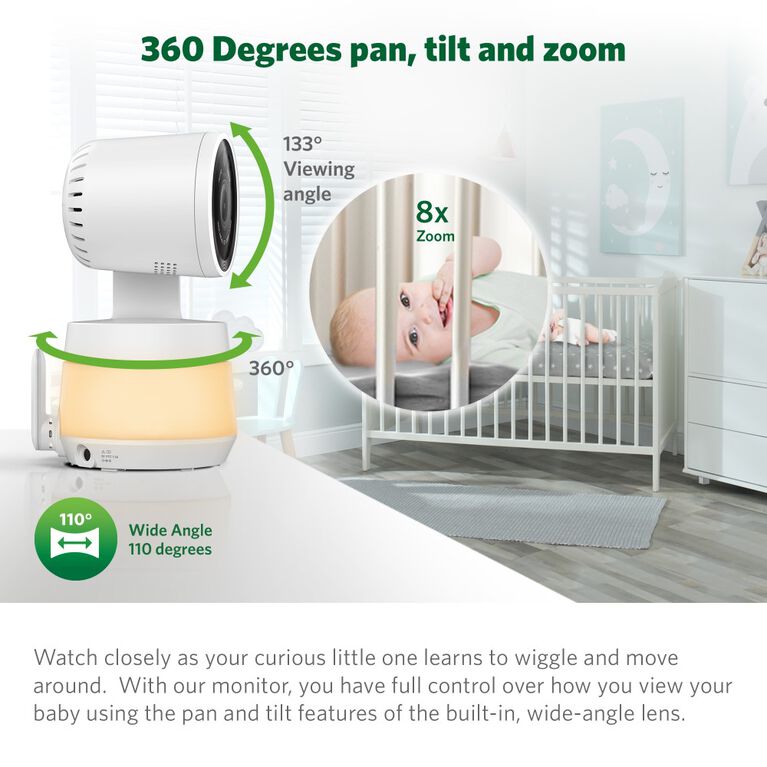 LeapFrog Moniteur de bébé Wi-Fi 1080p panoramique à 360 degrés et inclinaison à 2 camér affichage haute définition 720p de 5 po, veilleuse, vision nocturne couleur, LF925-2HD (blanc)