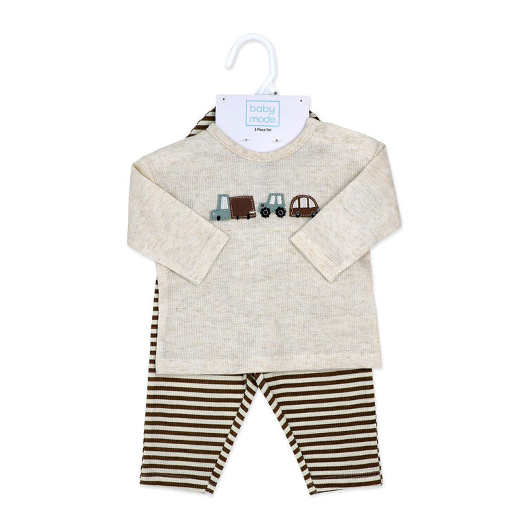 Baby Mode 3 Piece Waffle Pant and Hat Set: Tan Transportation 9M