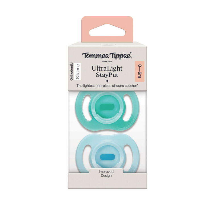 Tommee Tippee Ultra-light StayPut Pacifier, 0-6m, 2 Count, One-Piece Silicone Design
