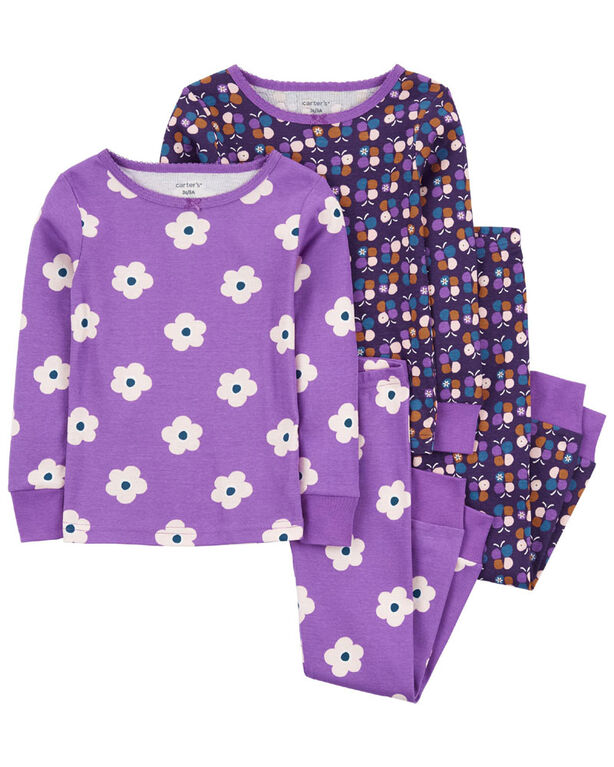 Ensemble pyjama 4 pi&egrave;ces en coton ajust&eacute; &agrave; imprim&eacute; fleuri mauve Carter's 9M