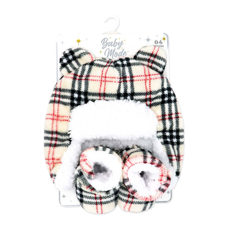 Baby Mode Signature Casquette Sherpa Hunters avec ensemble de bottines assorties : Plaid beige