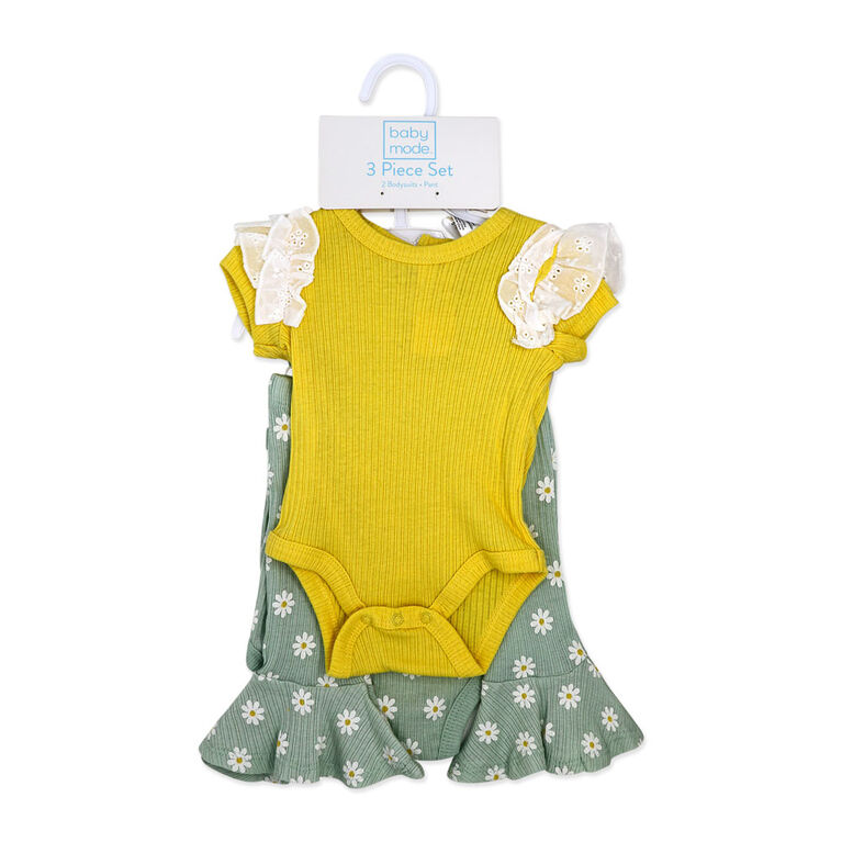 Baby Mode 3 Piece Pant Set: Yellow/Blue Sunflower 18M