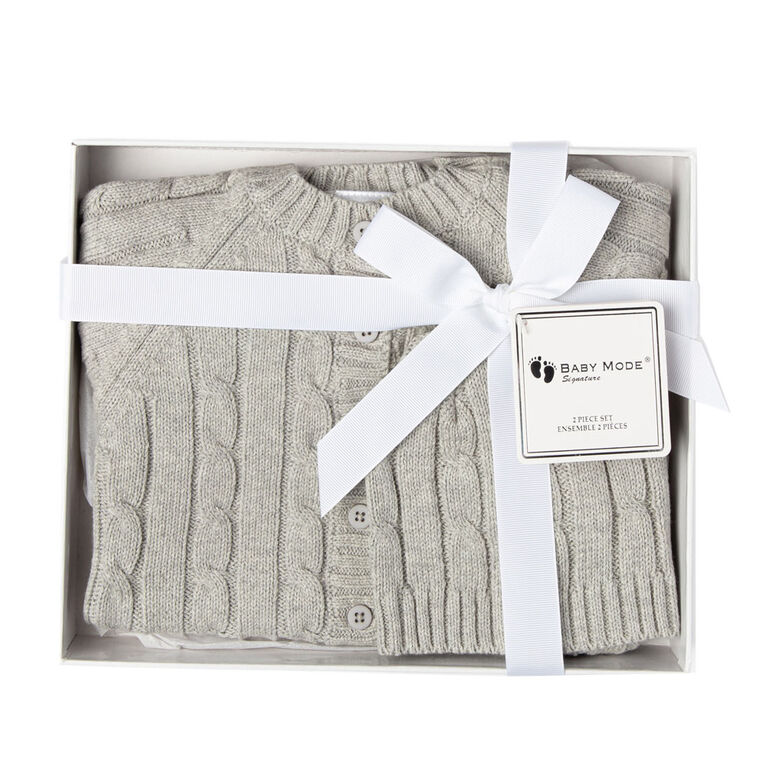 Baby Mode Signature Two Piece Cardigan and Hat Set Grey: 0-6M