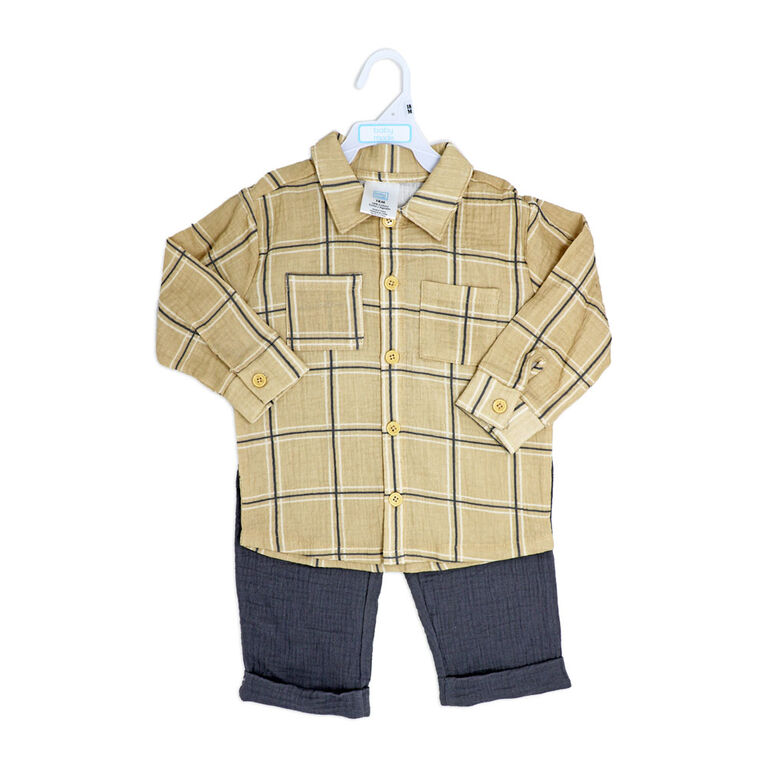 Baby Mode  2 Piece Gauze Pant Set: Beige Plaid 12M