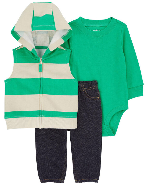 Carter's Three Piece Rugby Stripe Little Vest Set Green NB
