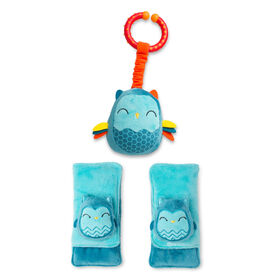 Diono Owl Character Car Seat Straps & Linkee Toy, Shoulder Pads for Baby, Infant, Toddler, 2 Pack Reversible Soft Seat Belt Cushion and Stroller Harness Covers Helps Prevent Strap irritation