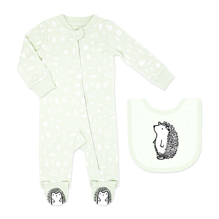 Baby Mode Ensemble pyjama 2 pièces avec bavoir : Hérisson vert 0-3M
