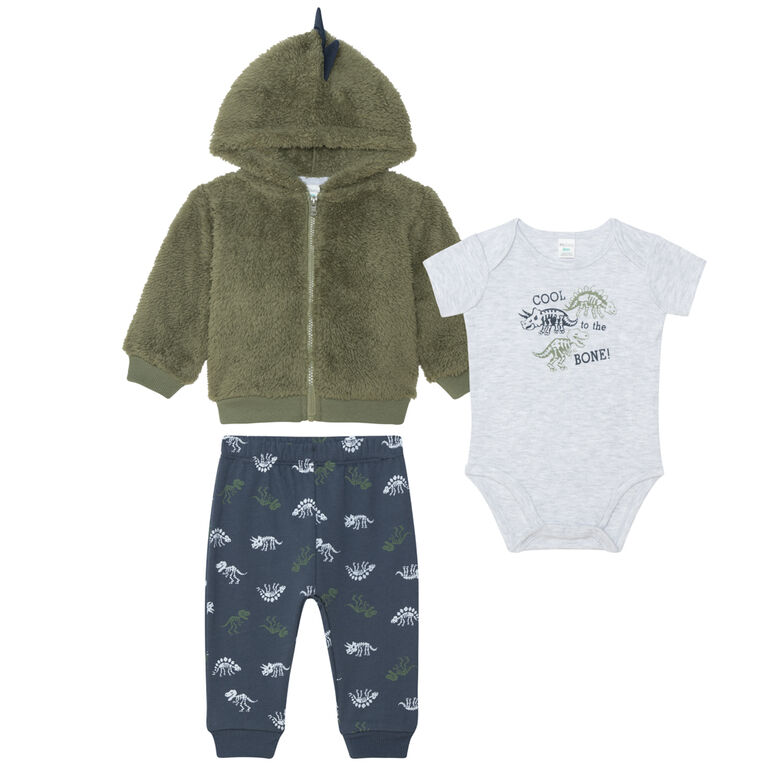 PL Baby - Ensemble 3 pi&egrave;ces &agrave; capuche - Dino olive 12M