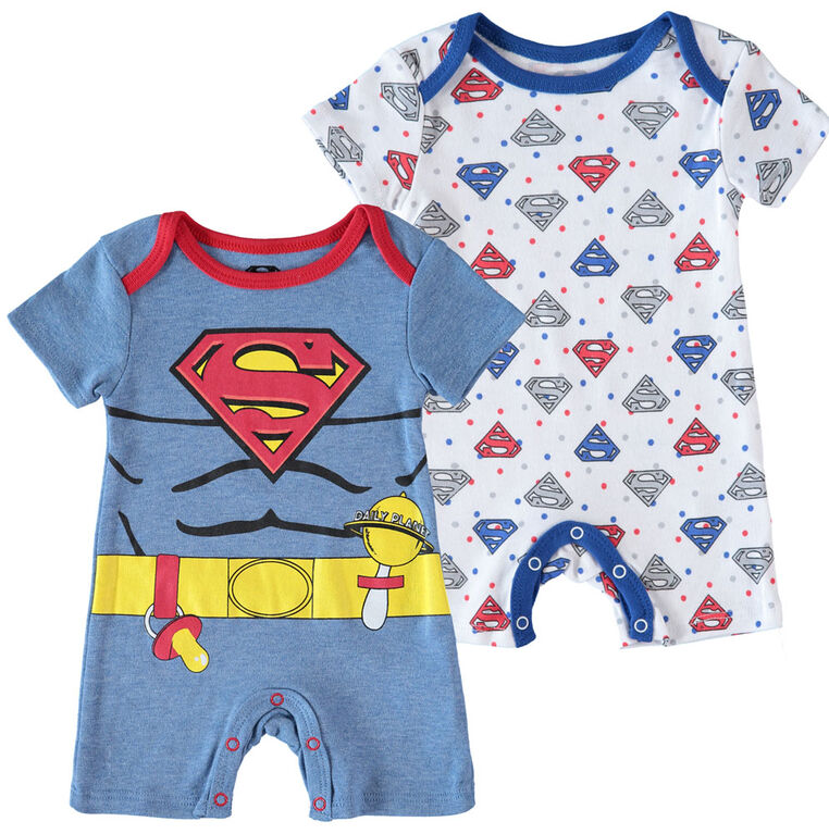 Superman Newborn Future Superhero 2 Pack Rompers 6-9M Blue