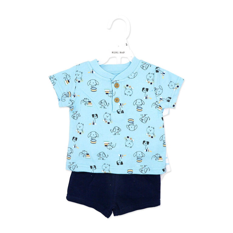 Mini Hop 3 Piece Navy Short Set: Dog 