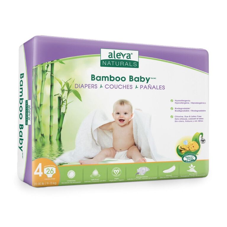 Aleva Naturals Bamboo Baby Diapers - Size 4 (20-30lbs/9-13kg) - 26 Count