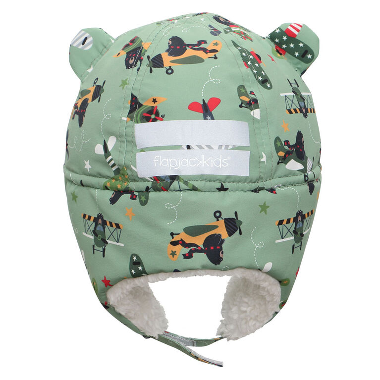 FlapJackKids - Baby, Toddler, Kids, Boys - Water Repellent Trapper Hat - Sherpa Lining - Black Bear/Green - Small 6-24 months
