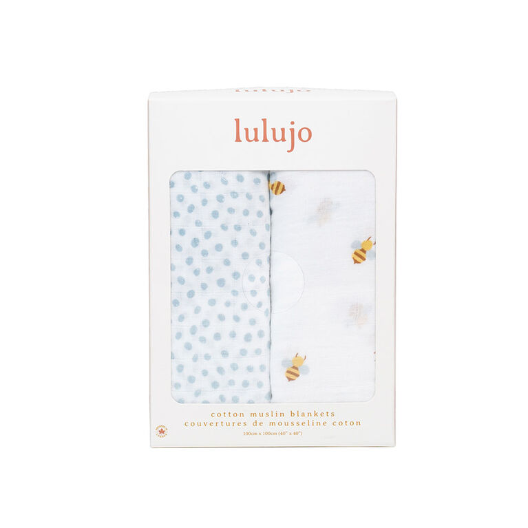 Lulujo - Cotton Muslin Swaddles 2 Pack - Bees + Blue Dots