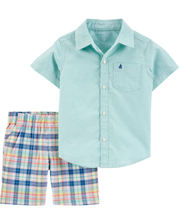 Carter's 2-Piece Oxford Button-Front Shirt & Plaid Short Set - Mint, 12 Months