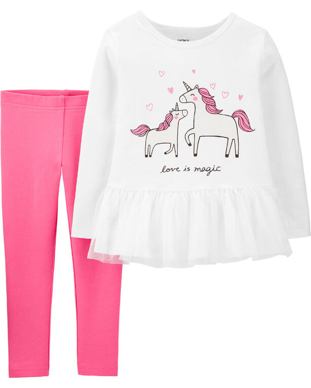 Carter’s 2-Piece Unicorn Peplum Top & Legging Set - Ivory/Pink, 24 Months