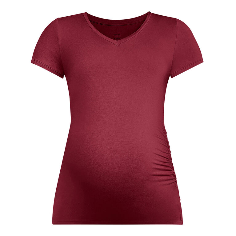 Motherhood - Short Sleeve Side Ruched Vneck Tee - Tawny Port - L