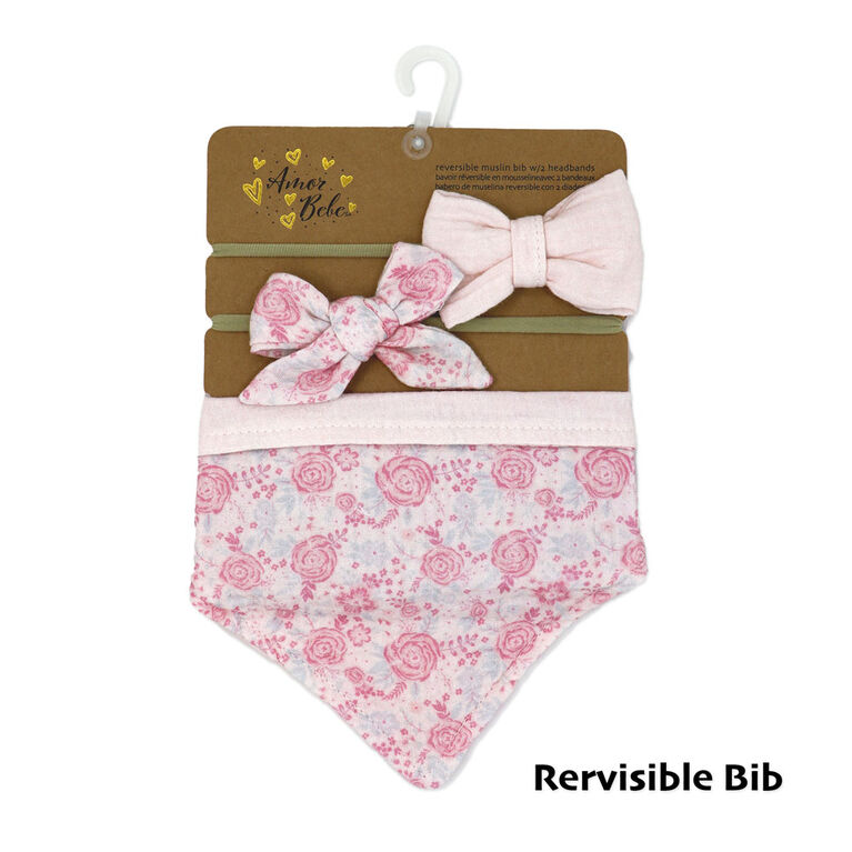 Amor Bebe 3 Piece Muslin Reversible Bib with 2 Headbands Set: Pink Floral