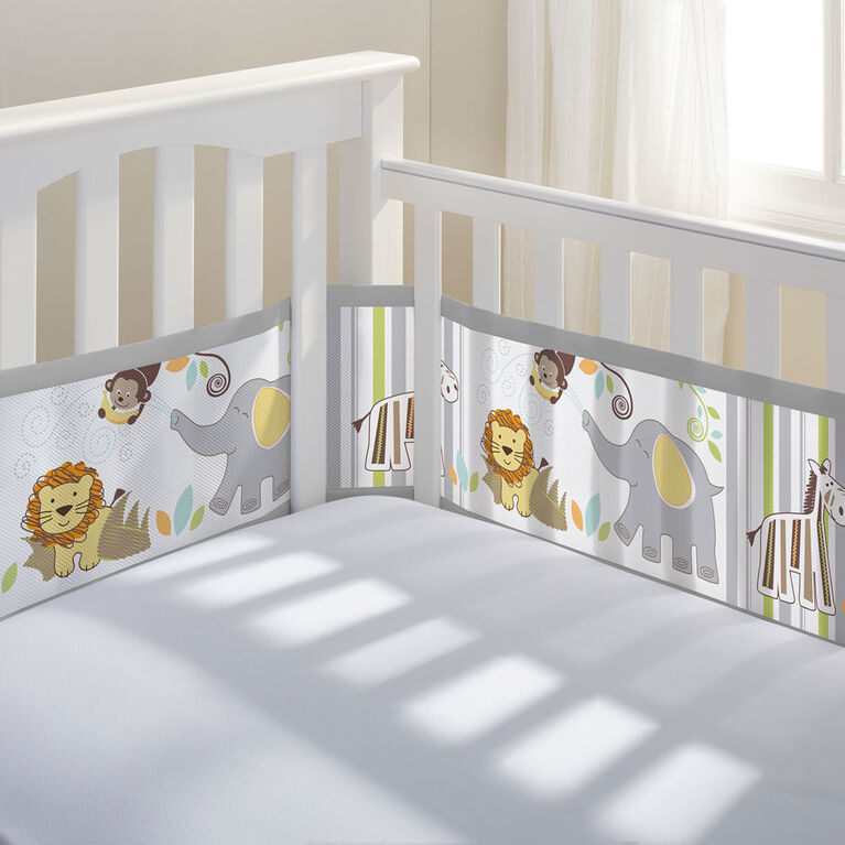 BreathableBaby Breathable Mesh Crib Liner - Classic Collection - Safari Fun Too - Fits Full-Size Four-Sided Slatted and Solid Back Cribs - Anti-Bumper