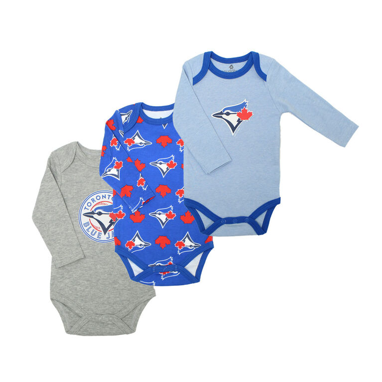 Snugabye Blue Jays 3 Pack Long Sleeve Bodysuits  - Blue, 9-12 Months
