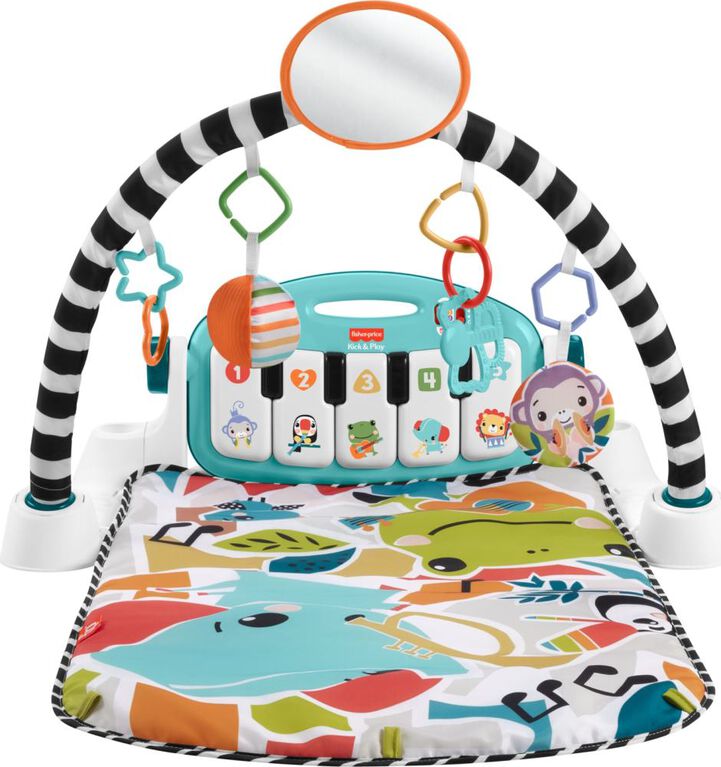 Fisher-Price Glow and Grow Kick & Play Piano Gym Baby Playmat with Musical Learning Toy, Blue, French Version