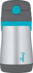 Thermos Foogo Bouteille en acier inoxydable avec paille - 290 ml - Couleure grise avec accent bleut&eacute;.