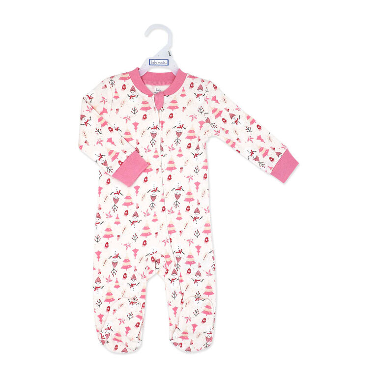 Baby Mode Grenouill&egrave;re de No&euml;l zipp&eacute;e en coton : Bonhomme de neige rose 6-9M