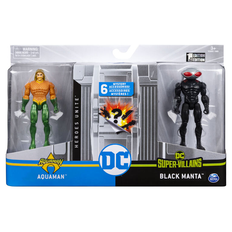 DC Comics, Coffret de 2 figurines articulées AQUAMAN vs. BLACK MANTA de 10 cm avec 6 accessoires mystère, Aventure 1