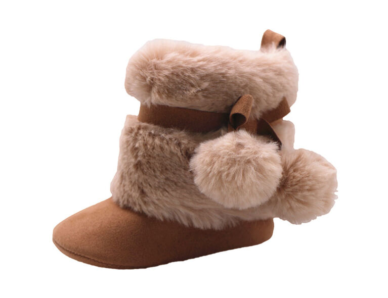 First Steps Chestnut Microsuede Pom Faux Fur Booties Size 3, 6-9 months
